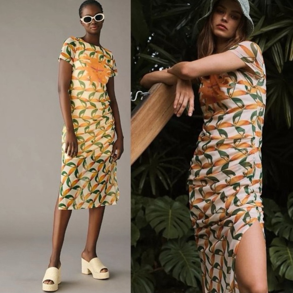NWT Farm Rio Anthropologie Printed Mesh Toucan Bird Sun Midi Fitted Dress